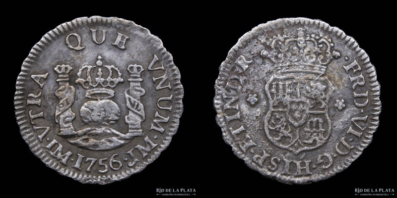 Lima. Fernando VI (1746-1759) 1/2 Real 1756 JM. Columnaria. AG.917; 16.0mm; 1.58...