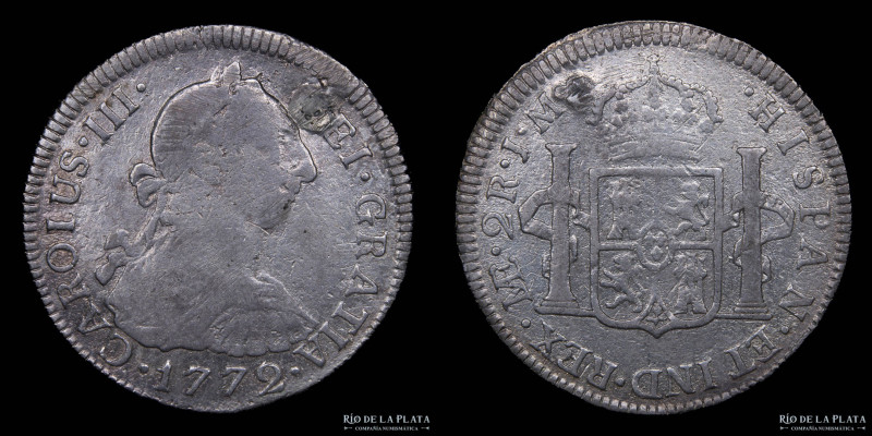 Lima. Carlos III (1759-1788) 2 Reales 1772 JM. CAROIUS. Por aparente desperfecto...