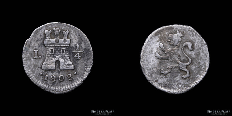 Lima. Carlos IV (1788-1808) 1/4 Real 1808 L. AG.896; 13mm; 0.80g. KM102.2 (XF)
...