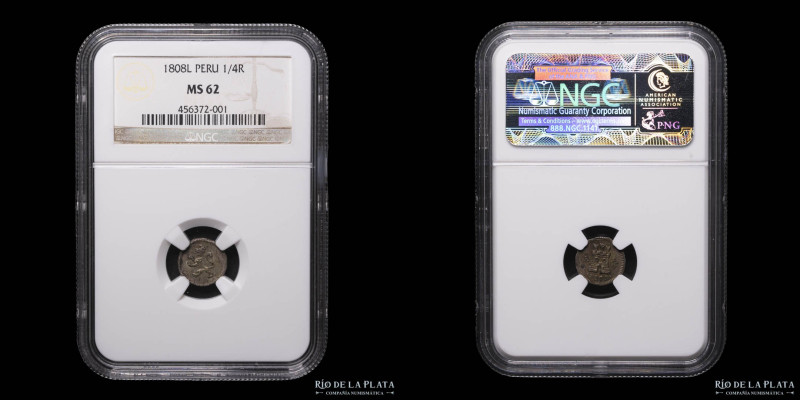 Lima. Carlos IV (1788-1808) 1/4 Real 1808 L. KM102.2 Certificada por NGC MS62
...