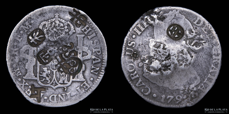 México. Carlos IV (1788-1808) 2 Reales 1792 FM. Múltiples chopmarks interesantes...