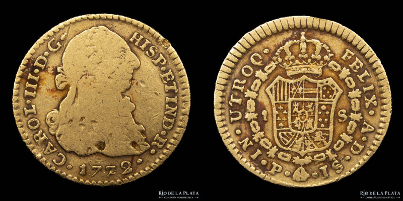 Popayán (Colombia) Carlos III (1759-1788) 1 Escudo 1772 P JS. Oro AU.902; 18.5mm...