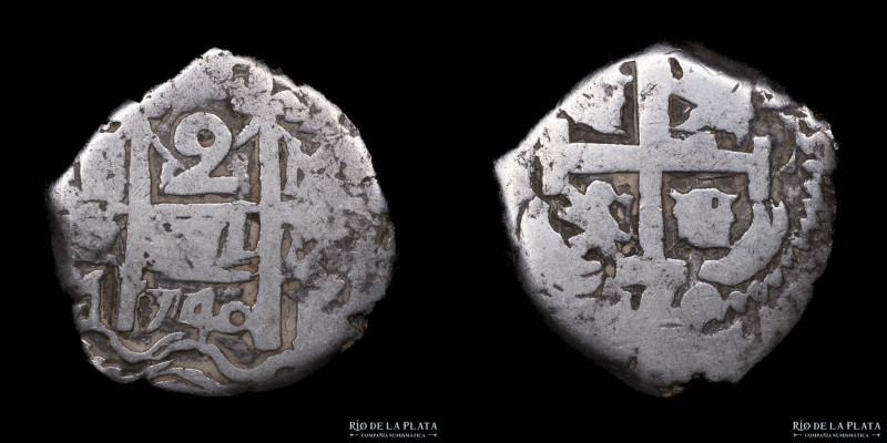 Potosí. Felipe V (1724-1746) 2 Reales 1740 M. Macuquina. Doble fecha y ensayador...