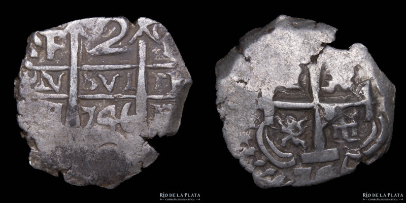 Potosí. Felipe V (1724-1746) 2 Reales 1746 Q (Quintanilla) Macuquina. AG.917; 23...