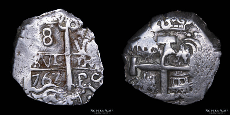 Potosí. Carlos III (1759-1788) 8 Reales 1767 VY (José Vargas y Flor y Raymundo d...