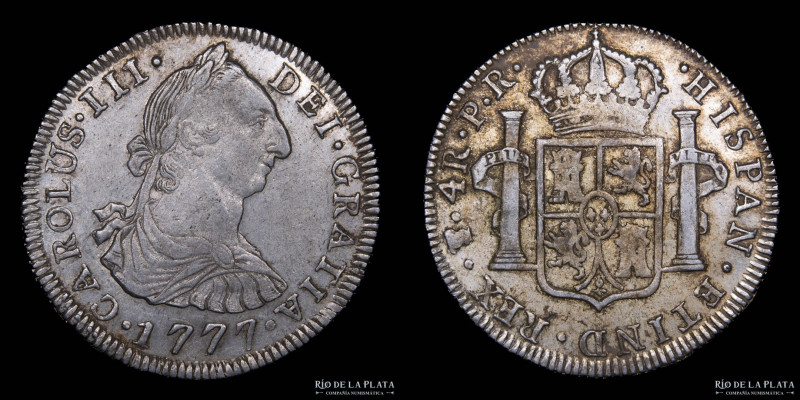 Potosí. Carlos III (1759-1788) 4 Reales 1777 PR (Ensayadores Pedro Mazondo, Raym...
