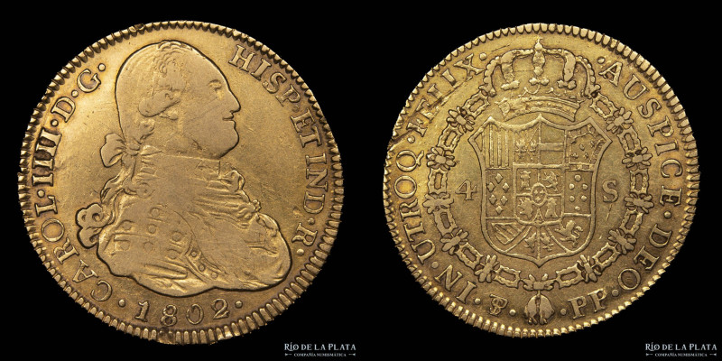 Potosí. Carlos IV (1788-1808) 4 Escudos 1802 PP. AU.875; 30.0mm; 13.42g. CJ 73.1...