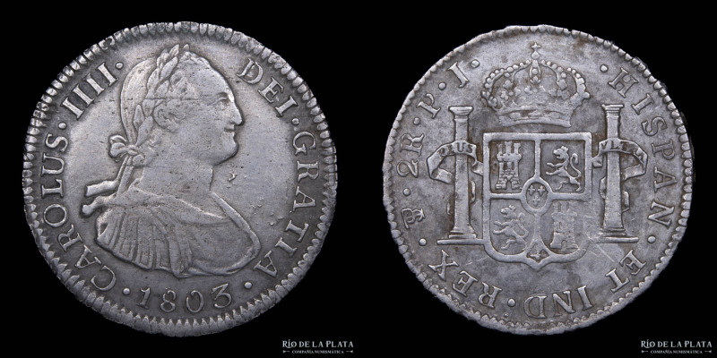 Potosí. Carlos IV (1788-1808) 2 Reales 1803 PJ. AG.896; 26mm; 6.64g. CJ 78.15.2 ...
