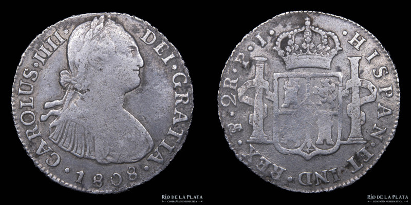 Potosí. Carlos IV (1788-1808) 2 Reales 1808 PJ. AG.896; 26mm; 6.56g. CJ 78.20 (V...