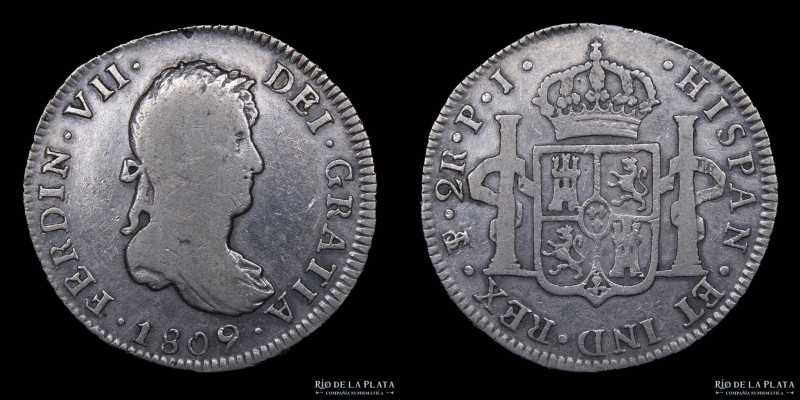 Potosí. Fernando VII (1808-1825) 2 Reales 1809 PJ (Pedro Martín Albizu, Juan Pal...