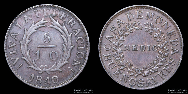 Argentina. Buenos Aires. 5/10 (1/2) Real 1840. Buenos Aires mint. Cobre; 22.1mm;...