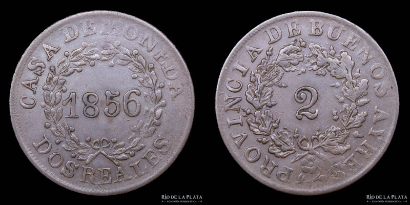 Argentina. Buenos Aires. 2 Reales 1856. Cobre; 32mm; 7.42g. CJ 21.1 (A1-R1); KM9...