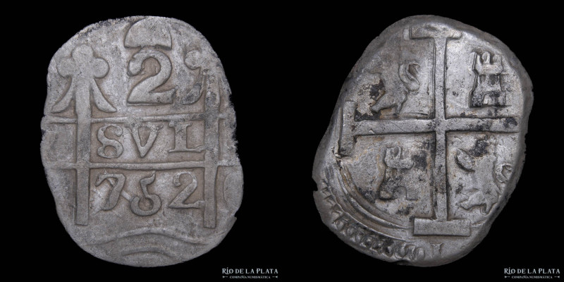 Argentina. Tucumán. 2 Reales 752. Óvalo visible. Plata; 23.5mm; 3.57g. CJ 1.1 (G...