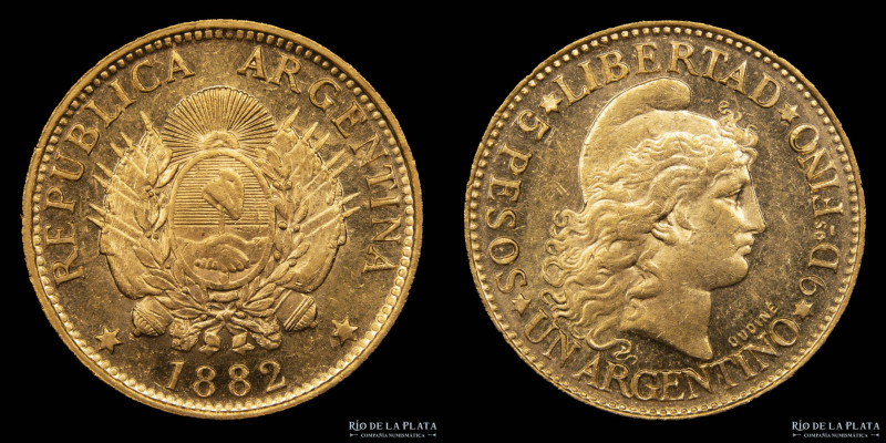 Argentina. 5 Pesos 1882 "Argentino de oro". Oro AU.900; 22.1mm; 8.07g. Ceca de B...