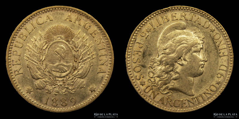 Argentina. 5 Pesos 1889 "Argentino de oro". Oro AU.900; 22.1mm; 8.07g. Ceca de B...