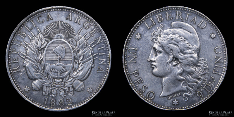 Argentina. 1 Peso 1882 Patacón. Buenos Aires. AG.900; 37.0mm; 24.96g. CJ 13.1.1;...