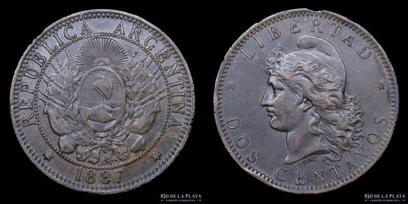 Argentina. 2 Centavos 1887. Buenos Aires mint. Cobre; 30.0mm; 10.00g. CJ 28; KM3...