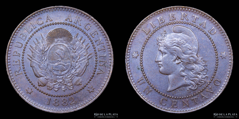 Argentina. 1 Centavo 1882. Buenos Aires mint. Cobre; 25.0mm; 5.00g. Fecha escasa...