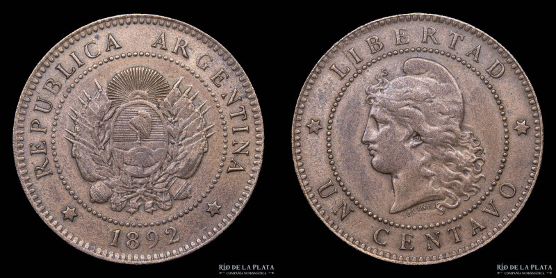 Argentina. 1 Centavo 1892. Buenos Aires mint. Cobre; 25.0mm; 5.00g. CJ 47; KM32 ...