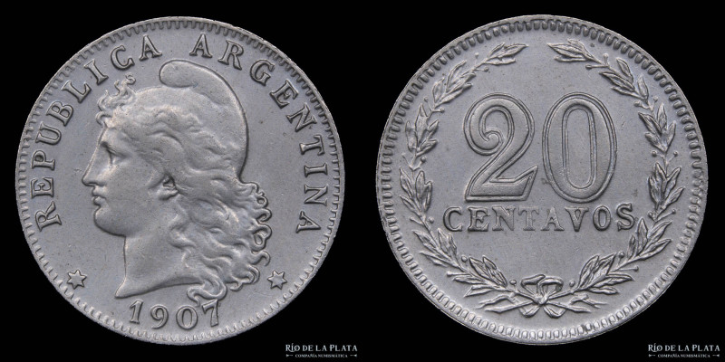Argentina. 20 Centavos 1907. Cu-Ni; 21.5mm; 4.00g. CJ 58; KM36 (XF)

Estimate:...