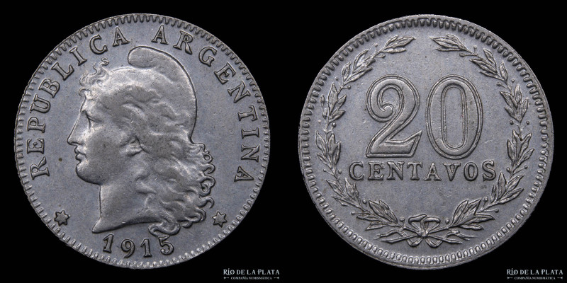 Argentina. 20 Centavos 1915. Cu-Ni; 21.5mm; 4.00g. CJ 66; KM36 (UNC)

Estimate...