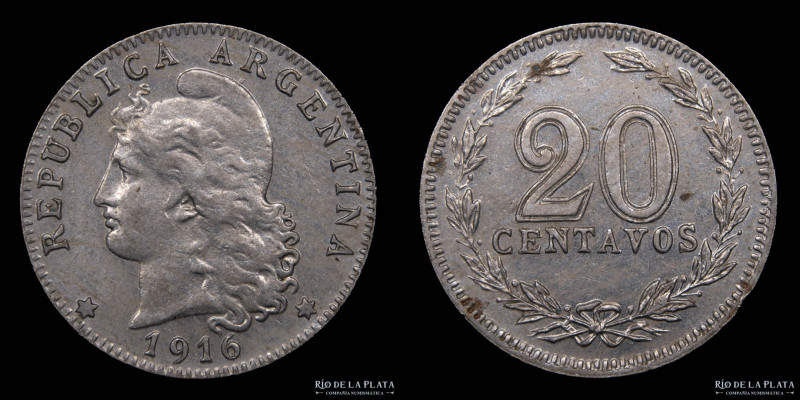 Argentina. 20 Centavos 1916. Cu-Ni; 21.5mm; 4.00g. CJ 67; KM64 (AU)

Estimate:...