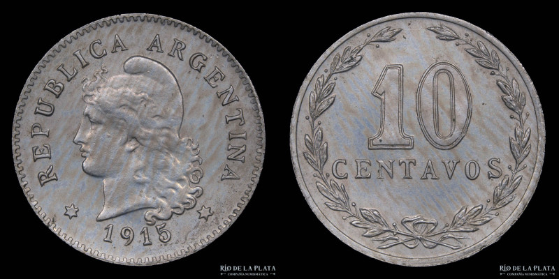 Argentina. 10 Centavos 1915. Buenos Aires Mint. Cu-Ni, 19.0mm; 3.00g. CJ 104; KM...