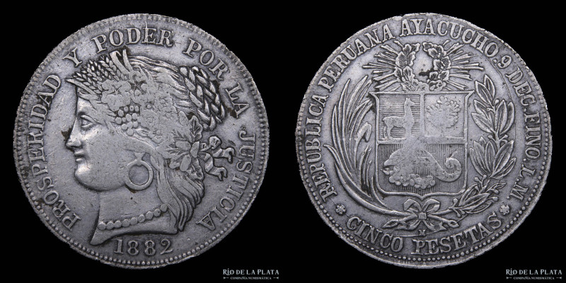 Perú. 5 Pesetas 1882 LM. AG.900; 36.8mm; 24.68g. KM201.2 (XF)

Estimate: USD 2...