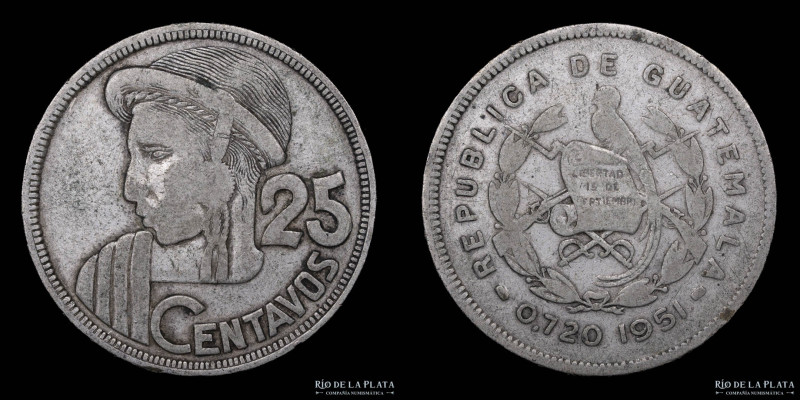 Guatemala. 25 Centavos 1951. Año muy escaso. AG.720; 22mm; 7.97g. KM258 (VF)

...