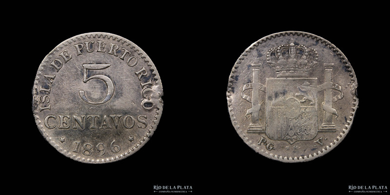 Puerto Rico. Alfonso XIII (1886-1898) 5 Centavos 1896. Ceca de Madrid. AG.900; 1...