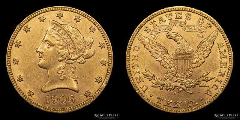 USA. 10 Dollars 1906 D. Coronet Head. AU.900; 27mm; 16.75g. KM102 (XF/AU)

Est...