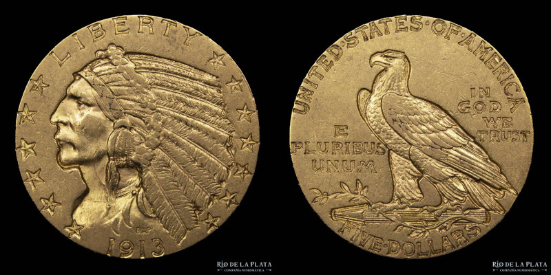 USA. 5 Dollars 1913. Indian Head. AU.900; 21.6mm; 8.34g. KM129 (XF)

Estimate:...