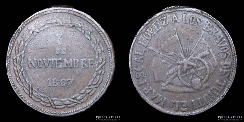 Paraguay. 1867 Guerra de la Triple Alianza. Cobre; 18,49g; 35.0mm. A: "3 DE NOVI...