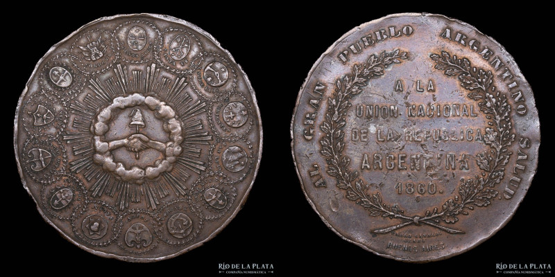 Argentina. Unión Nacional 1860. Grabador Pablo Cataldi. Cobre, 55.0mm; 94.4g. A:...