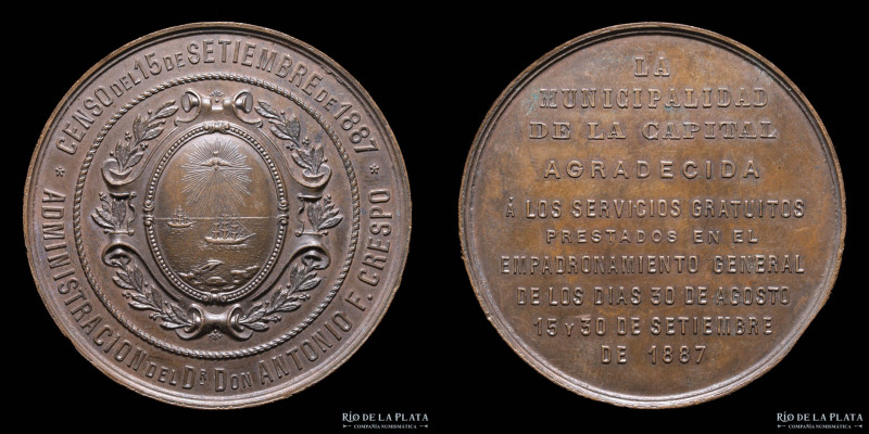 Argentina. 1887. Censo. Empadronamiento General. Cobre; 55mm; 69.04g. (VF+)

E...