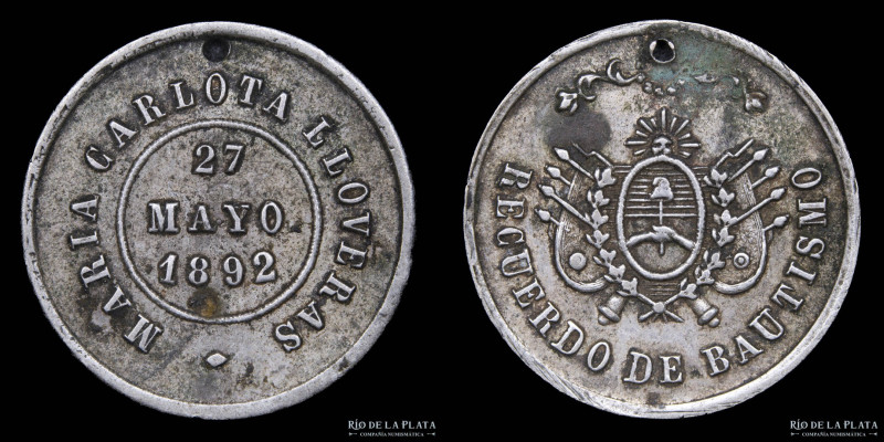 Argentina. 1892. Recuerdo Bautismo Maria Carlota Lloveras. Plata; 18.5mm; 2.15g....