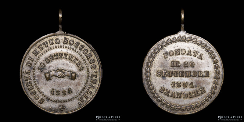 Argentina. 1894. Societa di Mutuo Socorro. Brandsen. Bronce plateado; 23mm; 5.19...