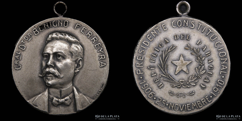 Paraguay. 1910. Gral. Benigno Ferreyra Presidente Constitucional. Plateada; 28mm...