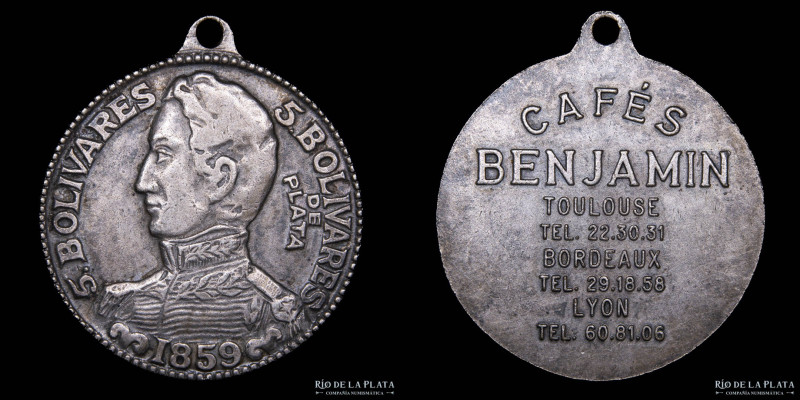 Francia. Publicitaria. Cafés Benjamin. 5 Bolivares 1859. Plata; 39mm; 17.68g. (V...