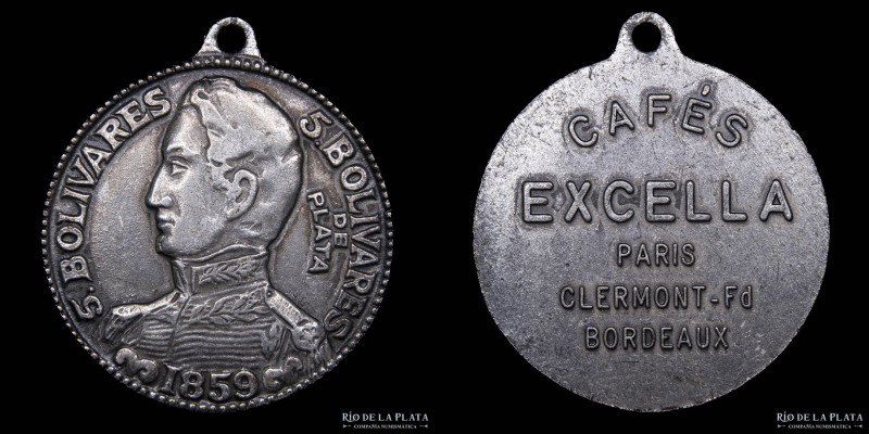 Francia. Publicitaria. Cafés Excella. 5 Bolivares 1859. Plata; 39mm; 17.49g. (VF...