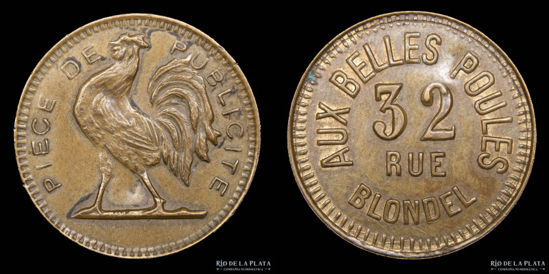 Francia. Ficha de prostíbulo. Aux Belles Poulles. Metal enchapado en bronce; 23m...