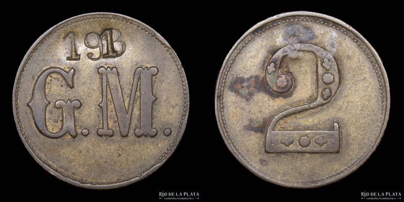 Argentina. Ficha. Valor 2. G.M. Nº 191 (Punzonado sobre 8) Bronce; 27mm; 7.0g (V...