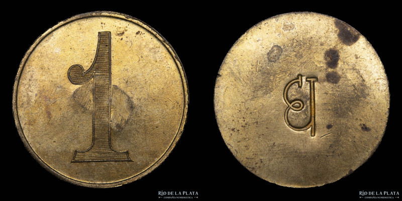 Argentina. Ficha. Valor 1. Punzón marca a investigar. Metal dorado; 39mm; 16.81g...