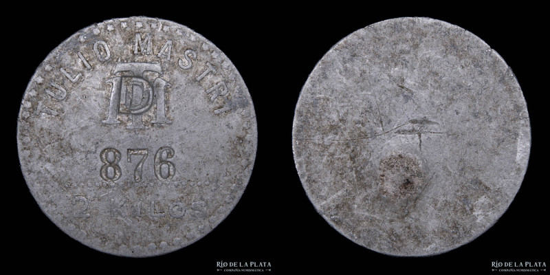 Argentina. Ficha. Ingenio. 2 Kilos. Tulio Mastri. Tucumán. Nº 876. Aluminio; 35....