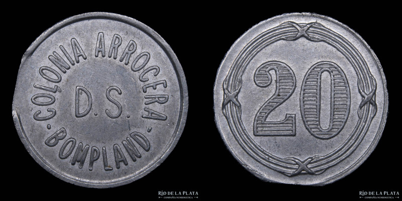 Argentina. Ficha. Valor 20. Colonia Arrocera D.S. Bonpland. Corrientes. Aluminio...