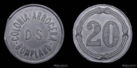 Argentina. Ficha. Valor 20. Colonia Arrocera D.S. Bonpland