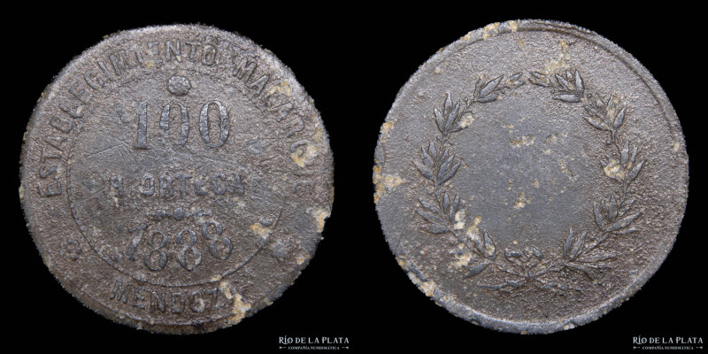 Argentina. Ficha. Valor 100. Establecimiento Malargüe. Mendoza. 1888. Plomo; 38m...