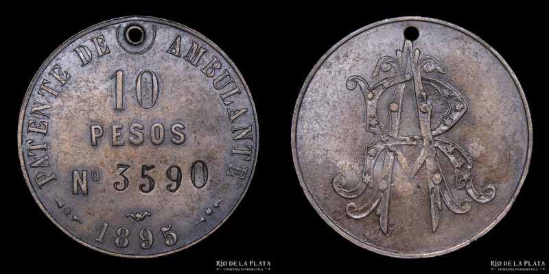 Argentina. Patente de Ambulante 10 Pesos 1895. Cobre; 37.5mm; 18.57g. Burzio 253...