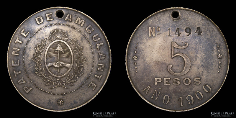 Argentina. Patente de Ambulante 5 Pesos 1900. Cobre; 37.5mm; 19.18g. Burzio 253 ...