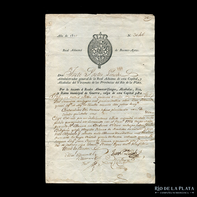 Custom Form 1810. Real Aduana de Buenos Aires. Histórico formulario de la Real A...